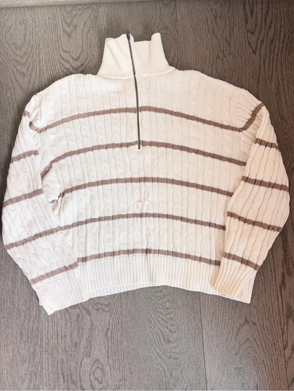 Cream Cable-Knit Half-Zip Sweater with Taupe Stripes